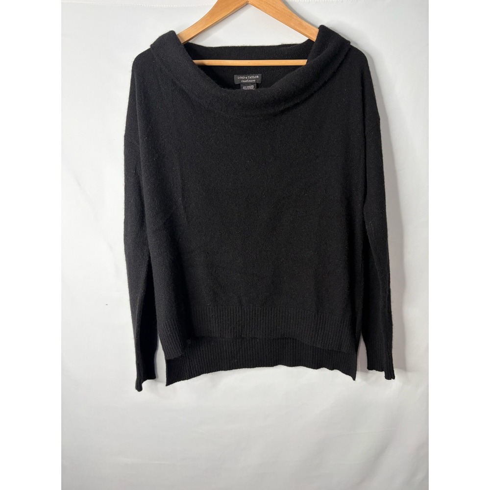 Lord & Taylor Cashmere Sweater Sz M Black Cowl Boat Neck Quiet Luxury Elegant